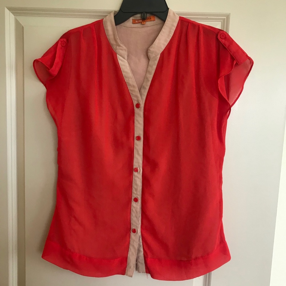Red and beige button down top